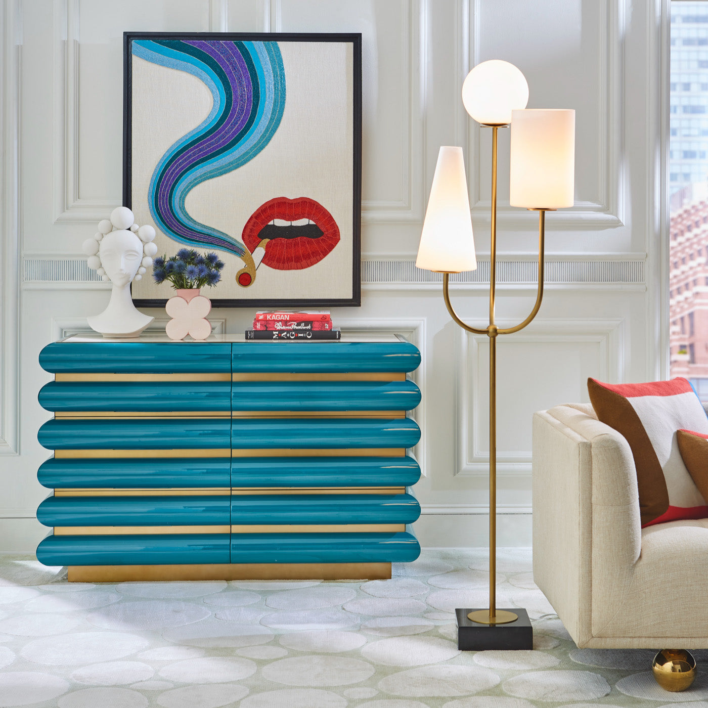 paradiso floor lamp smolder beaded wall art kiki six drawer console - styled view
