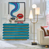 paradiso floor lamp smolder beaded wall art kiki six drawer console - styled view