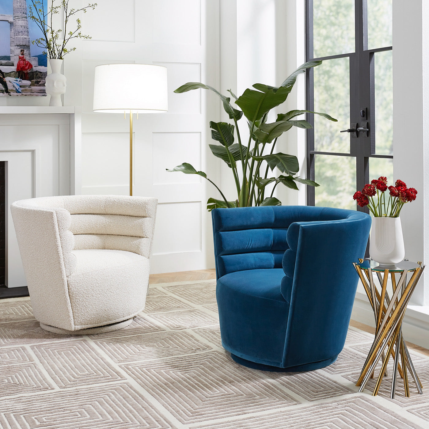 electrum accent table maxime swivel chairs blocks hand knotted rug - styled view