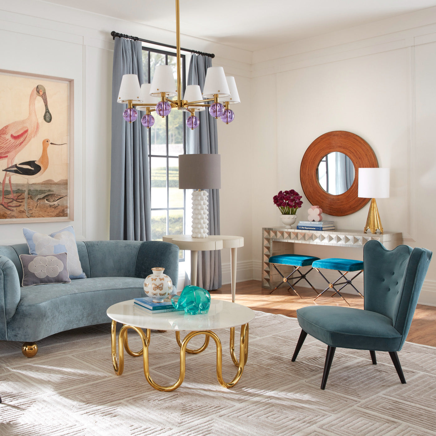 georgia tall table lamp parker curved sofa scalinatella cocktail table ripple slipper chair - styled view
