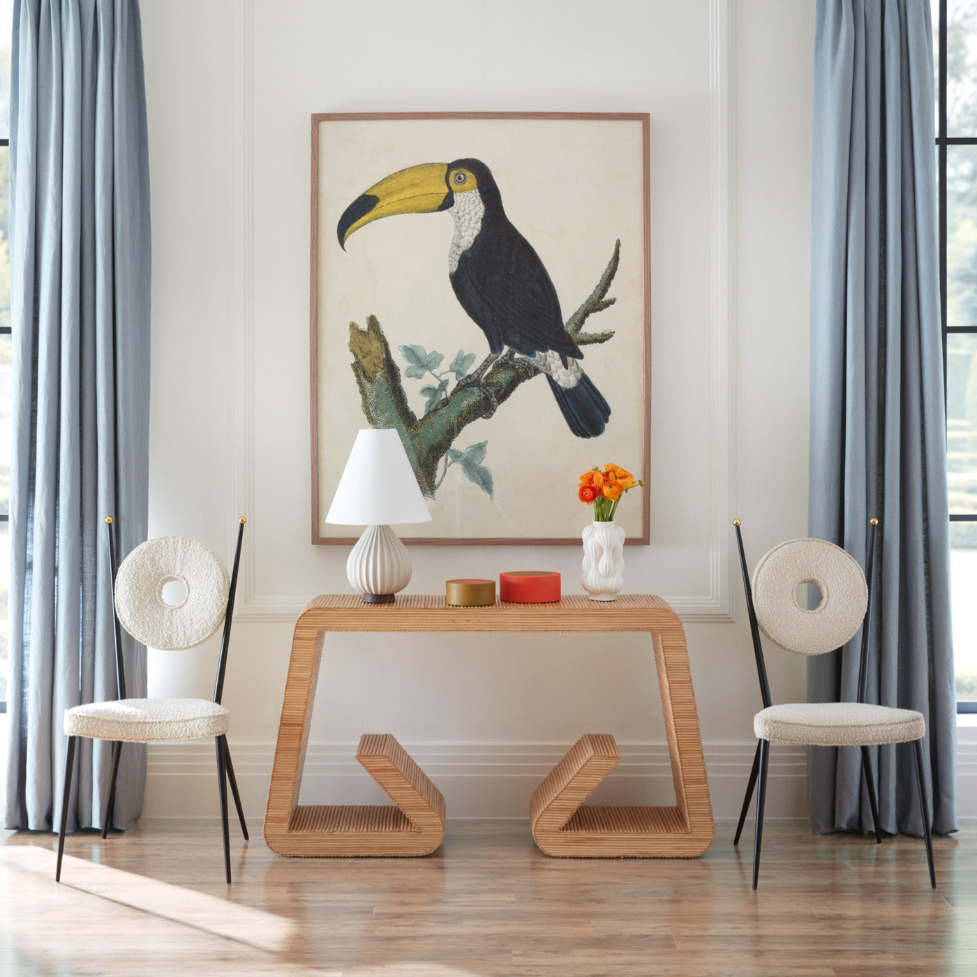 barraband toucans 1 print riviera waterfall console rondo dining chairs - styled view