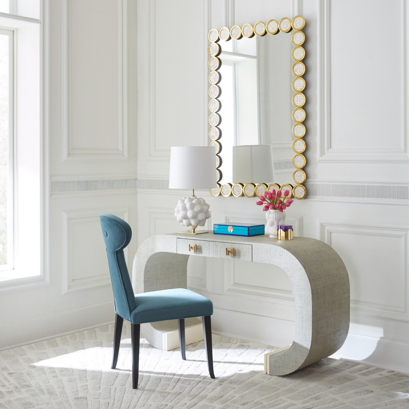rings mirror siam waterfall console desk vera dining chair - styled view