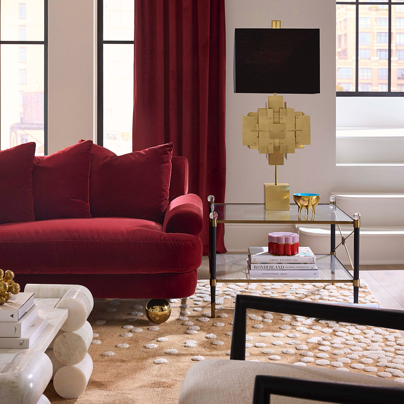 puzzle table lamp brass shade black linen with greenwich sofa