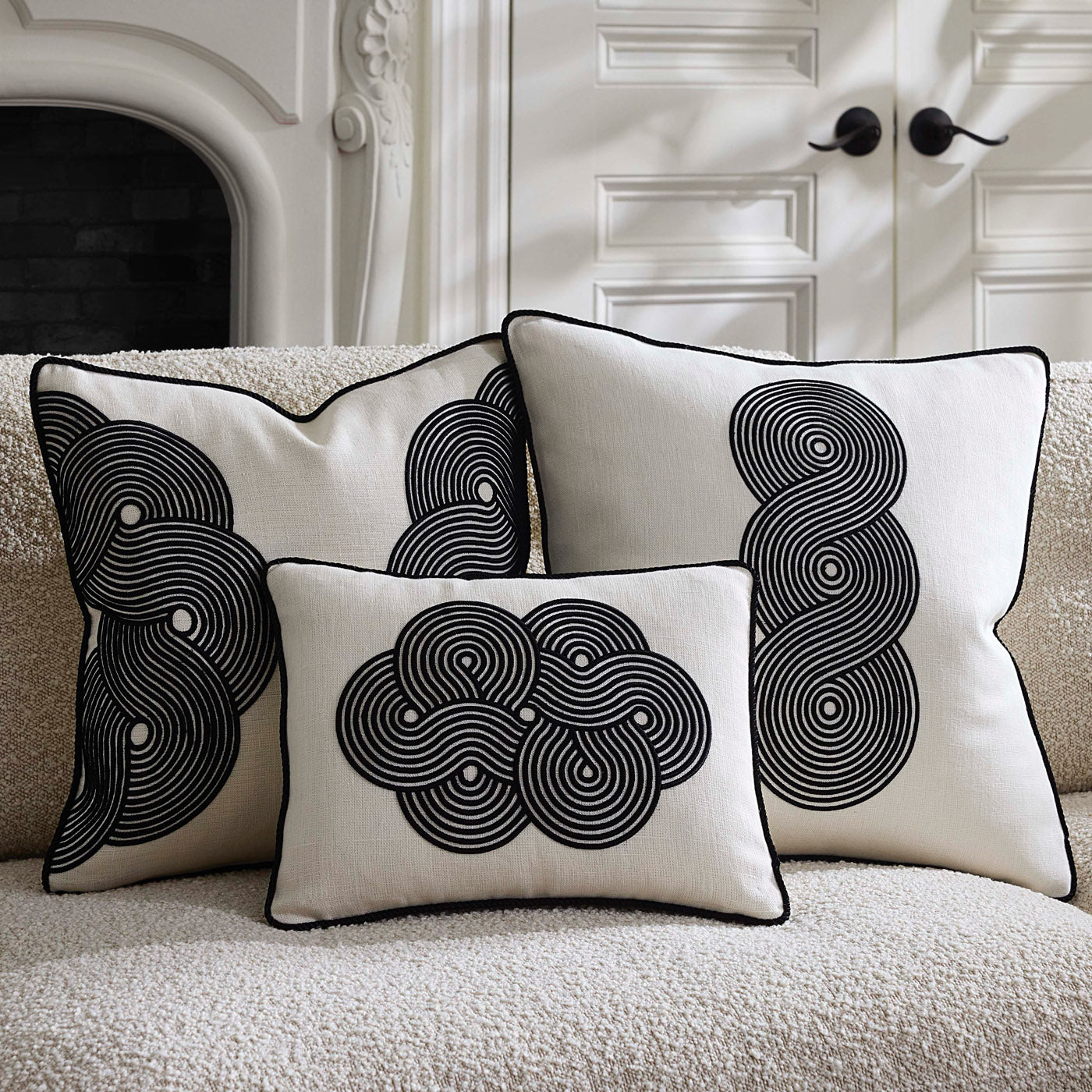 Pompidou B&W Loops Circles Pillow - styled view