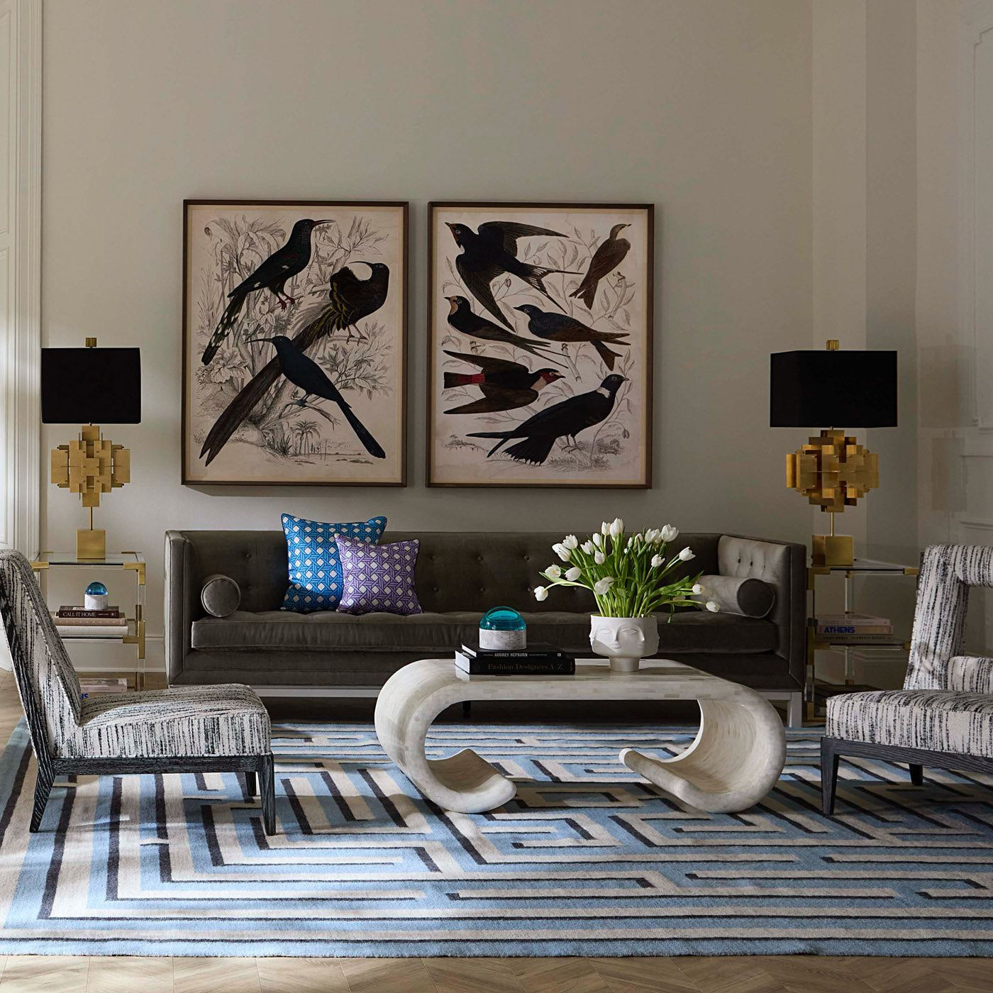 gallivani birds prints baxter t-arm sofa with lampert grand sofa