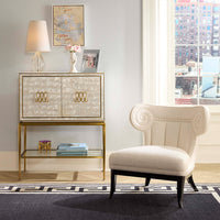 Decorative console table with a chair in a stylish room.