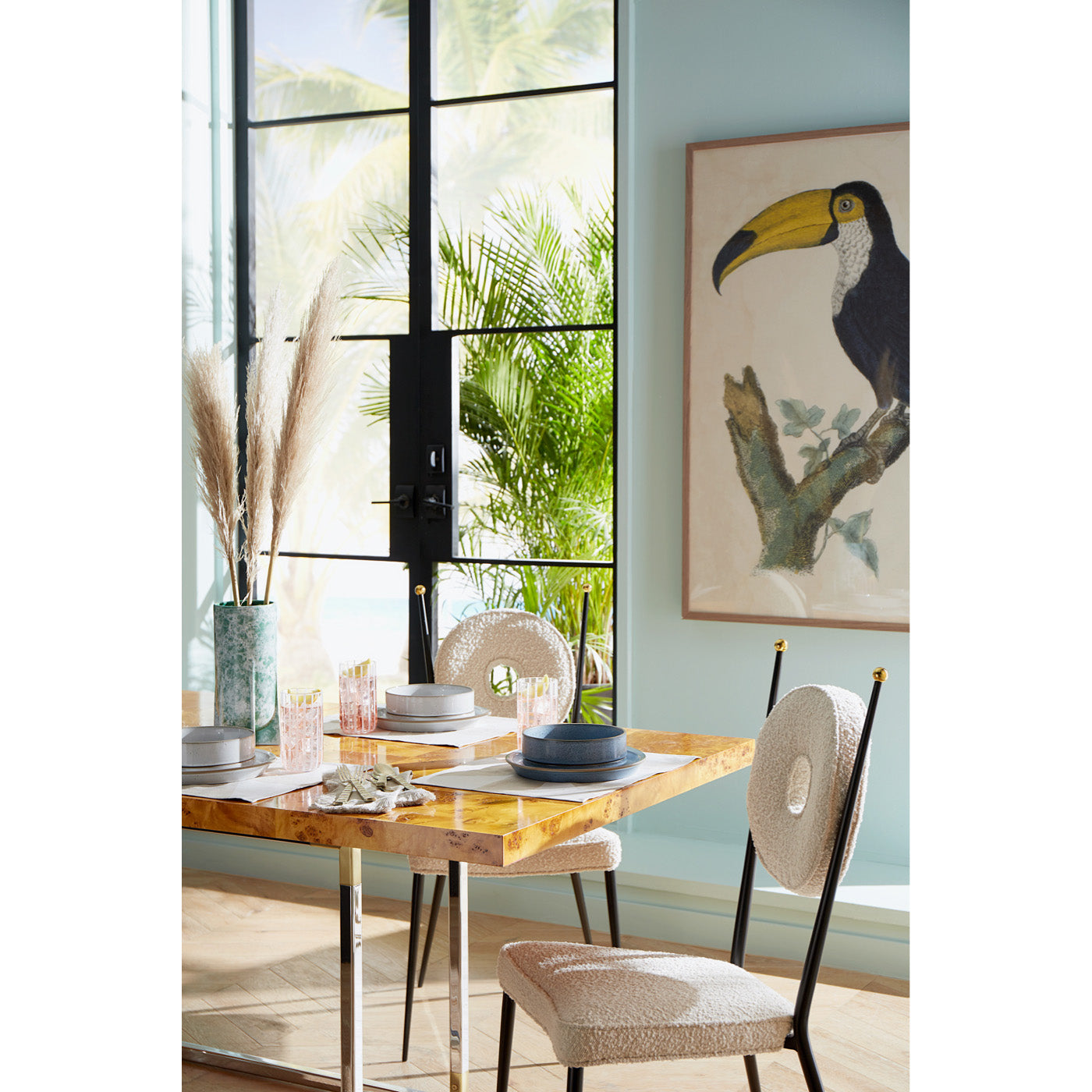 barraband toucans 1 print rondo dining chairs bond dining table - styled view