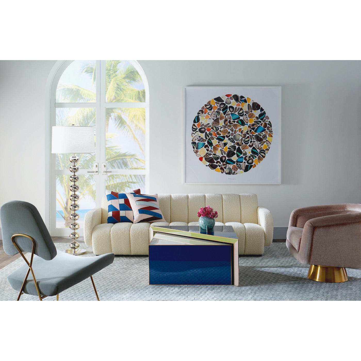 hollywood floor lamp nickel brigitte sofa torino nesting cocktail table torino pillows - styled view