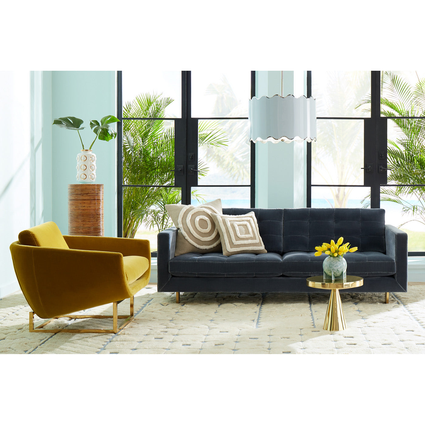 beaumont lounge chair pop cross pillow alphaville side table living room - styled view