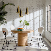 brussles t base dining table caprice dining chairs caracas six light chandelier - styled view