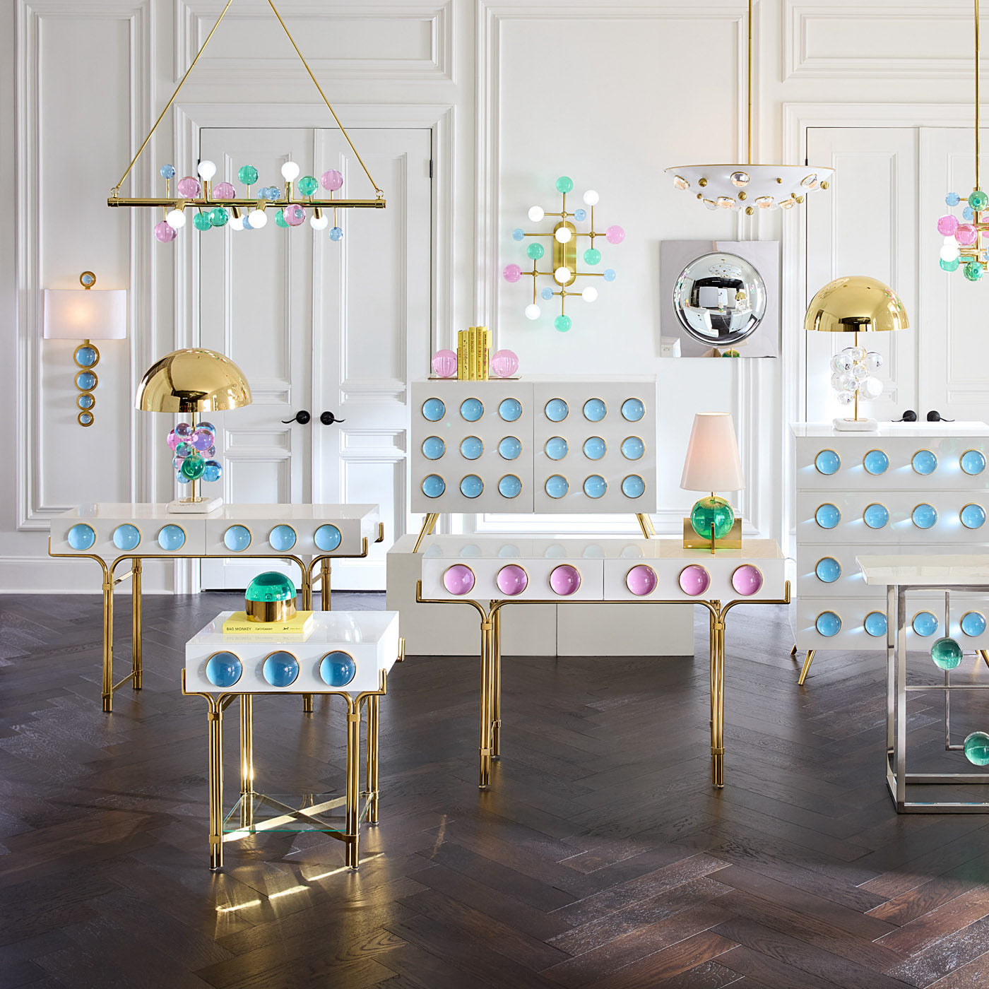 Decorative interior with tables and lamps featuring colorful spherical accents.