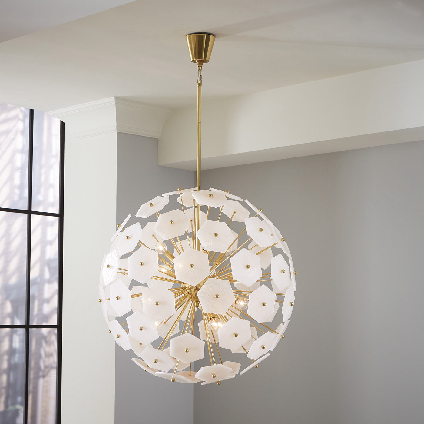 vienna globe chandelier glass white brass with chevron bed