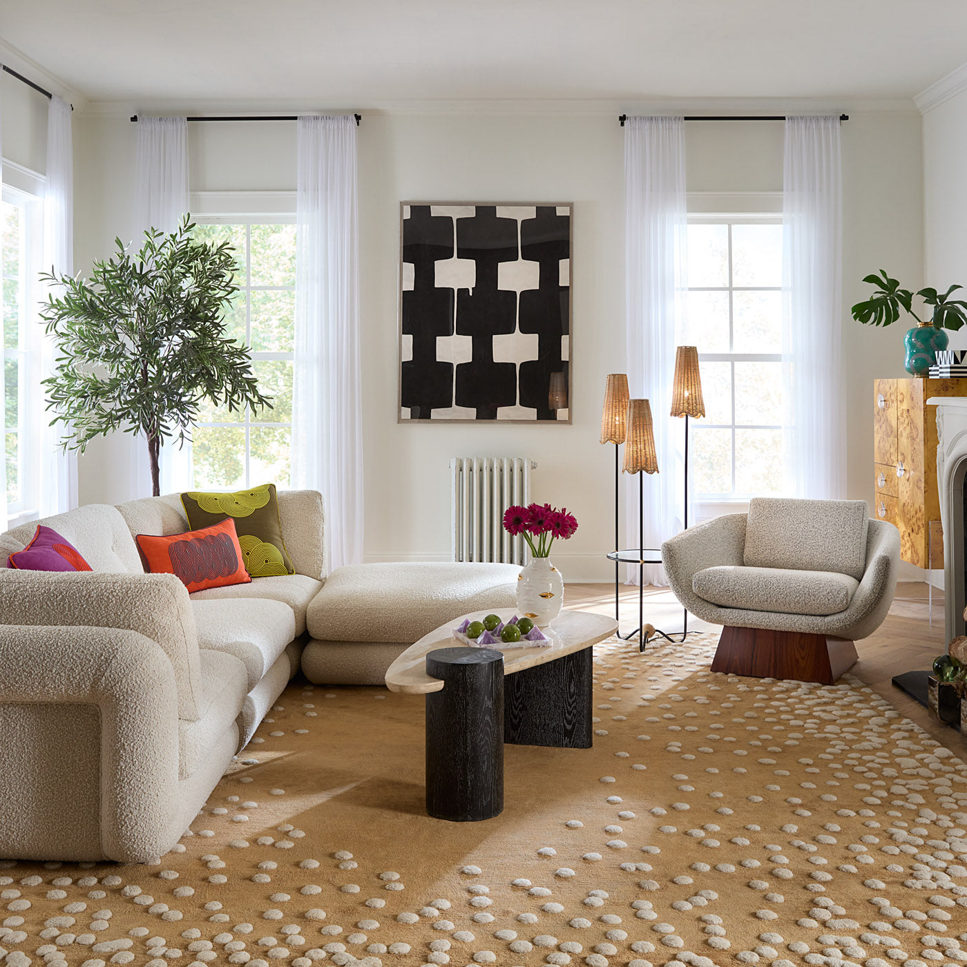 Oeuf Travertine Cocktail Table with Pompidou Sectional