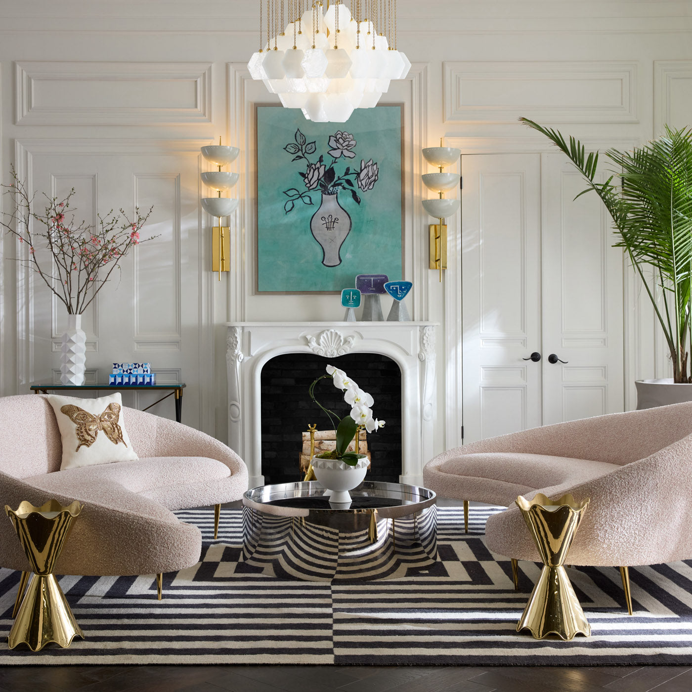 ether curved sofa in blush set of two - styled view