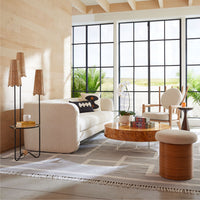 sunset sofa teddy boucle white aries cocktail table - styled view