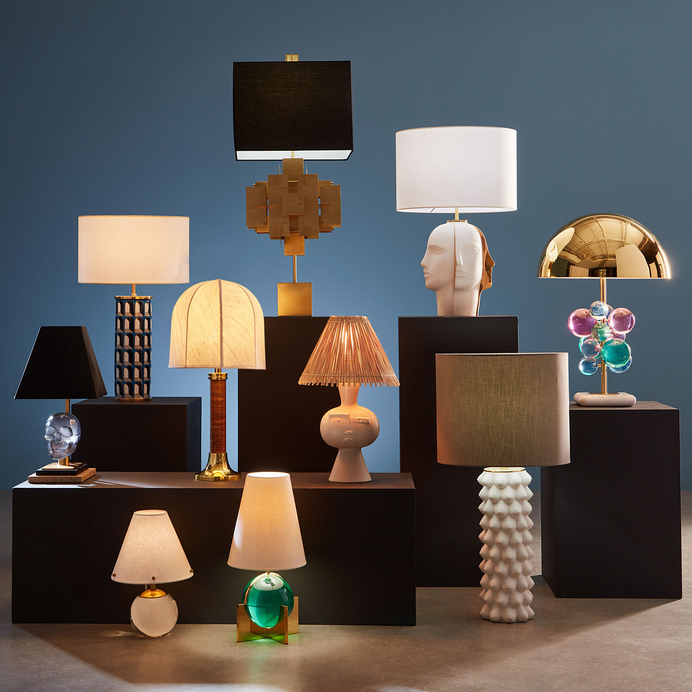 Collection of various lamps on a dark background