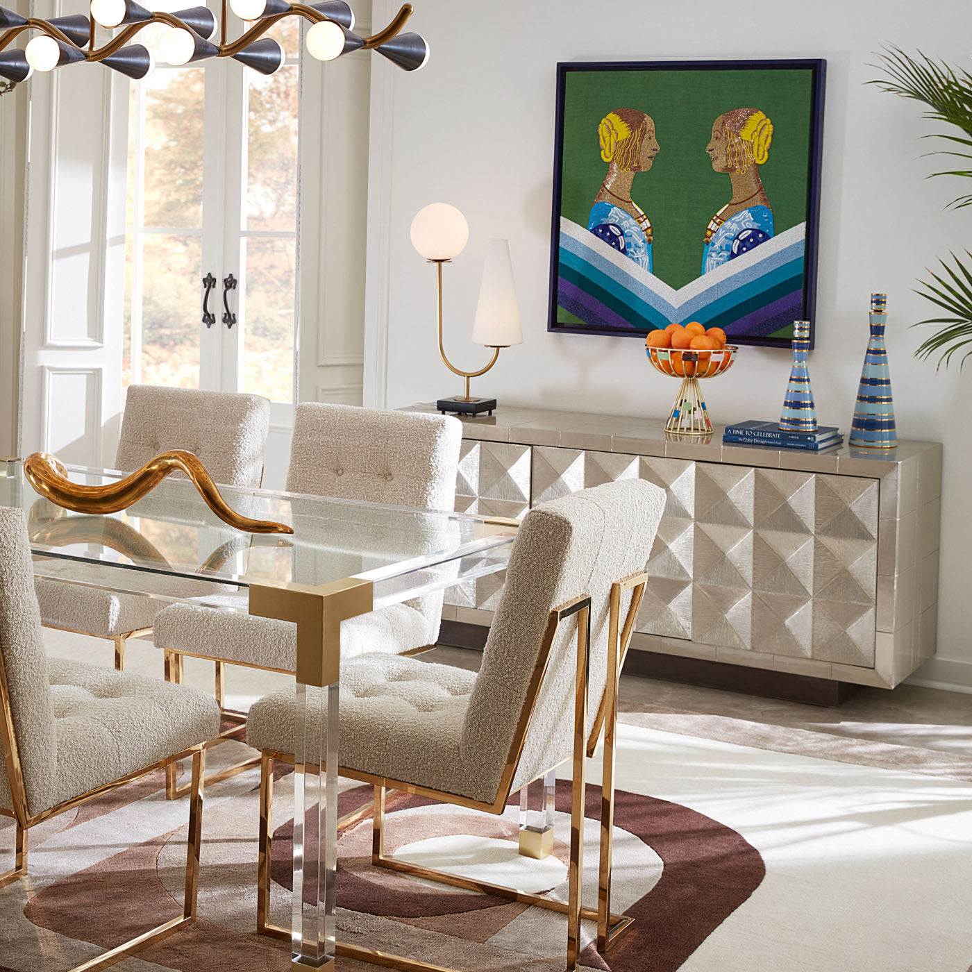jacques dining table maxime dining chair large brass ripple sconce - styled view