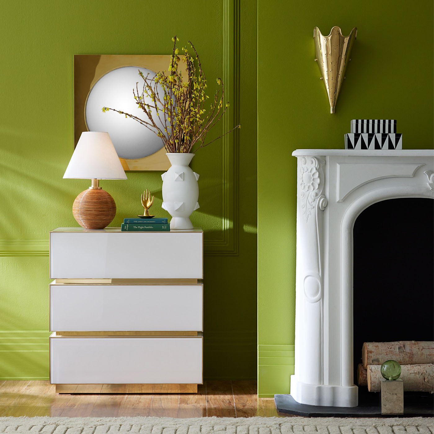torino three drawer console ivory lacquer brass accents open - winter view