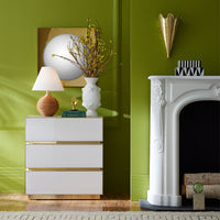 torino three drawer console ivory lacquer brass accents open - winter view