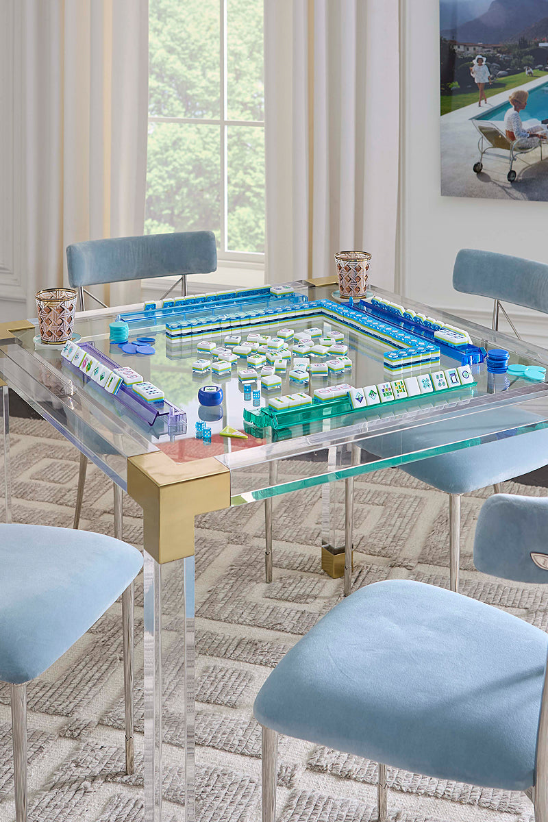 Blue basketweave mahjong on game table
