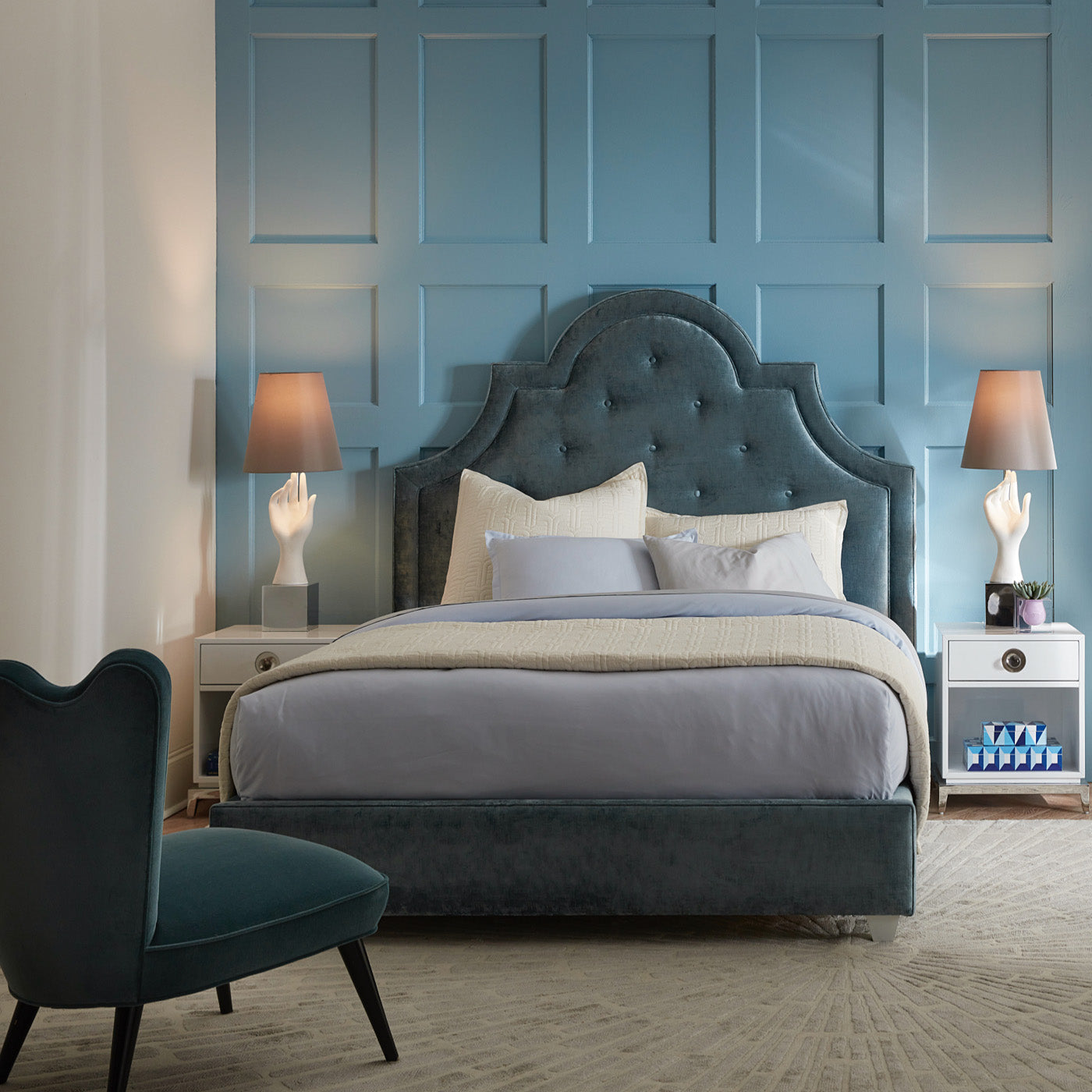 woodhouse queen bed ripple slipper chairs - styled view