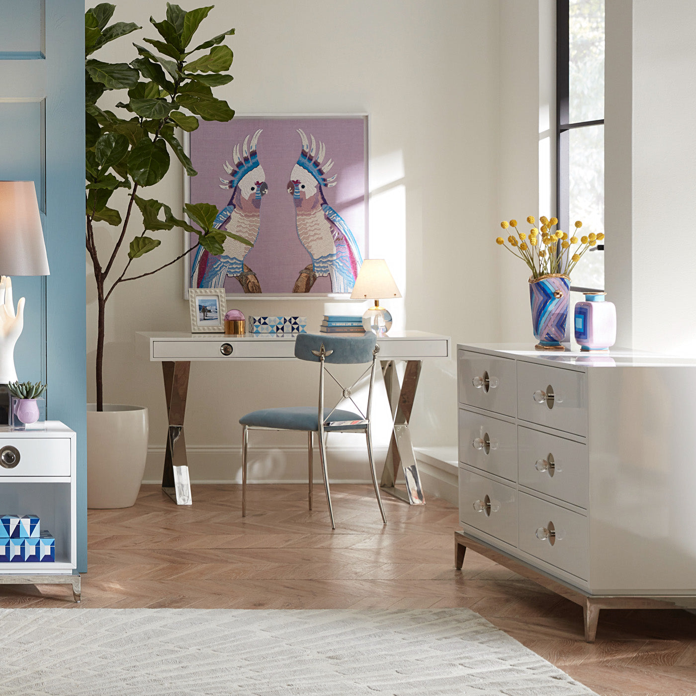 parrots beaded wall art channing desk rider dining chair - styled view