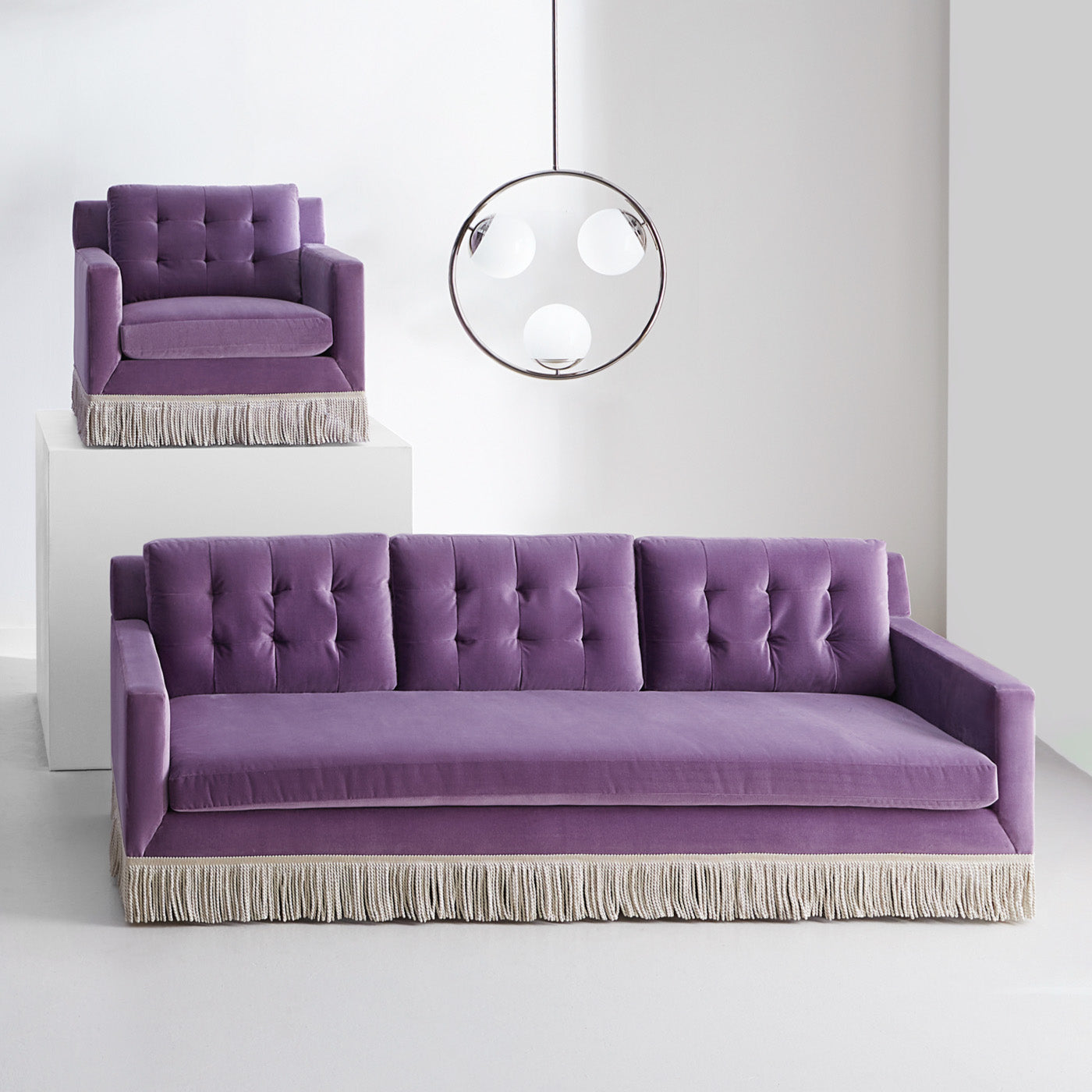 wright sofa and lounge chair in bullion fringe collection - styled view
