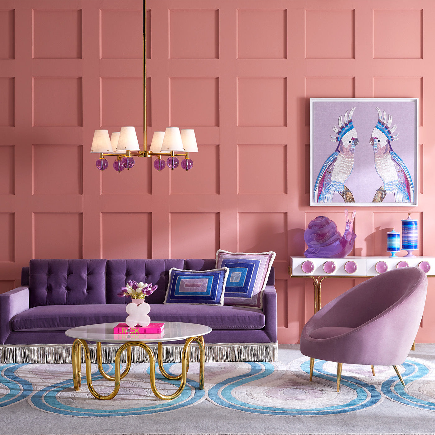 wright sofa with bullion fringe venice amethyst ripple pillows alphaville cocktail table - styled view