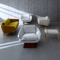 Modern furniture set including a yellow sofa, gray armchair, and white chair with a bench in a minimalistic setting.