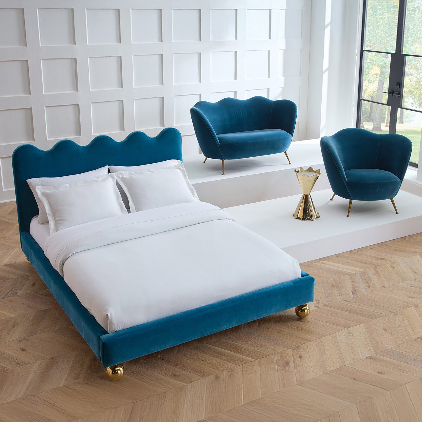 ripple queen bed venice peacock velvet feet brass orb - ripple collection view