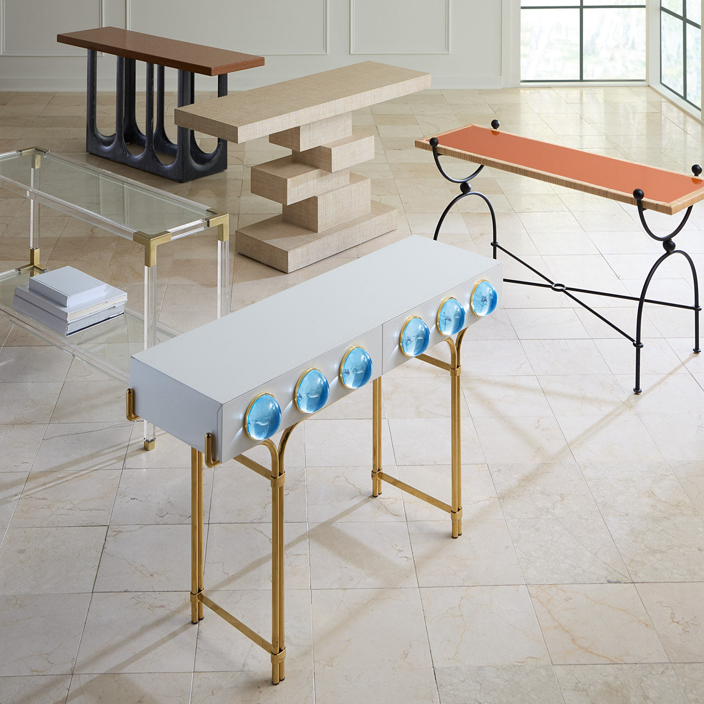 globo console white lacquer blue acrylic globes brass frame - group view