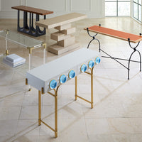 globo console white lacquer blue acrylic globes brass frame - group view