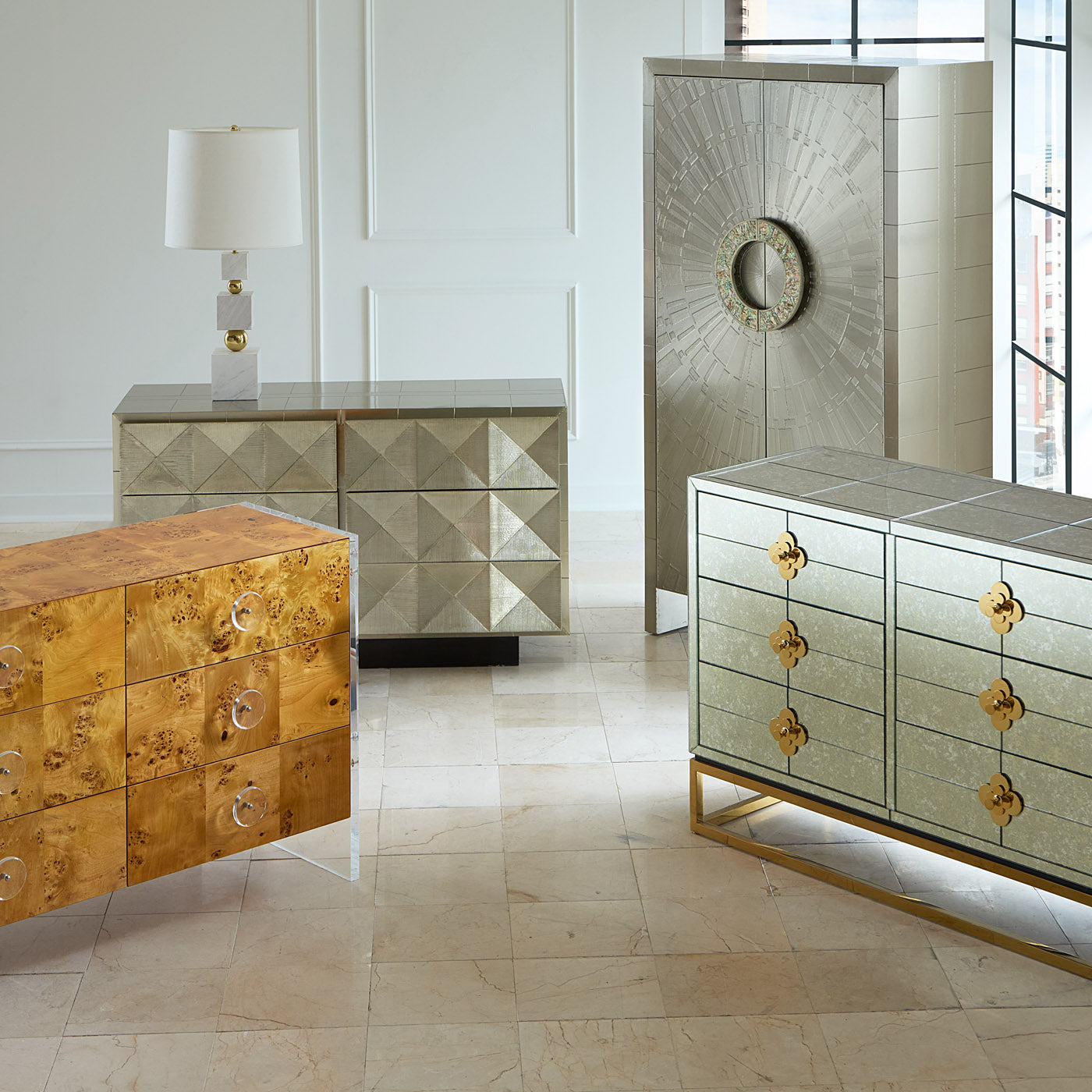 talitha armoire hand-stamped nickel abalone handles - open front view 2
