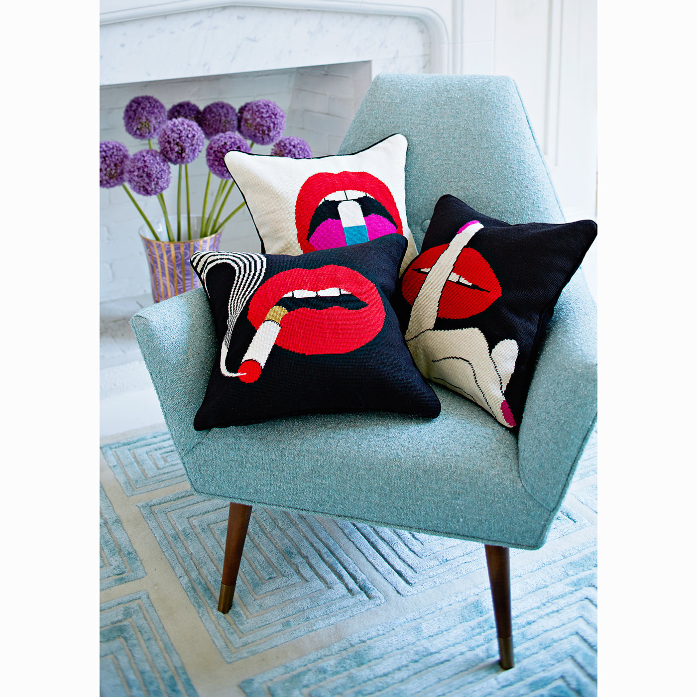 lips needlepoint pillow collection - styled view 1