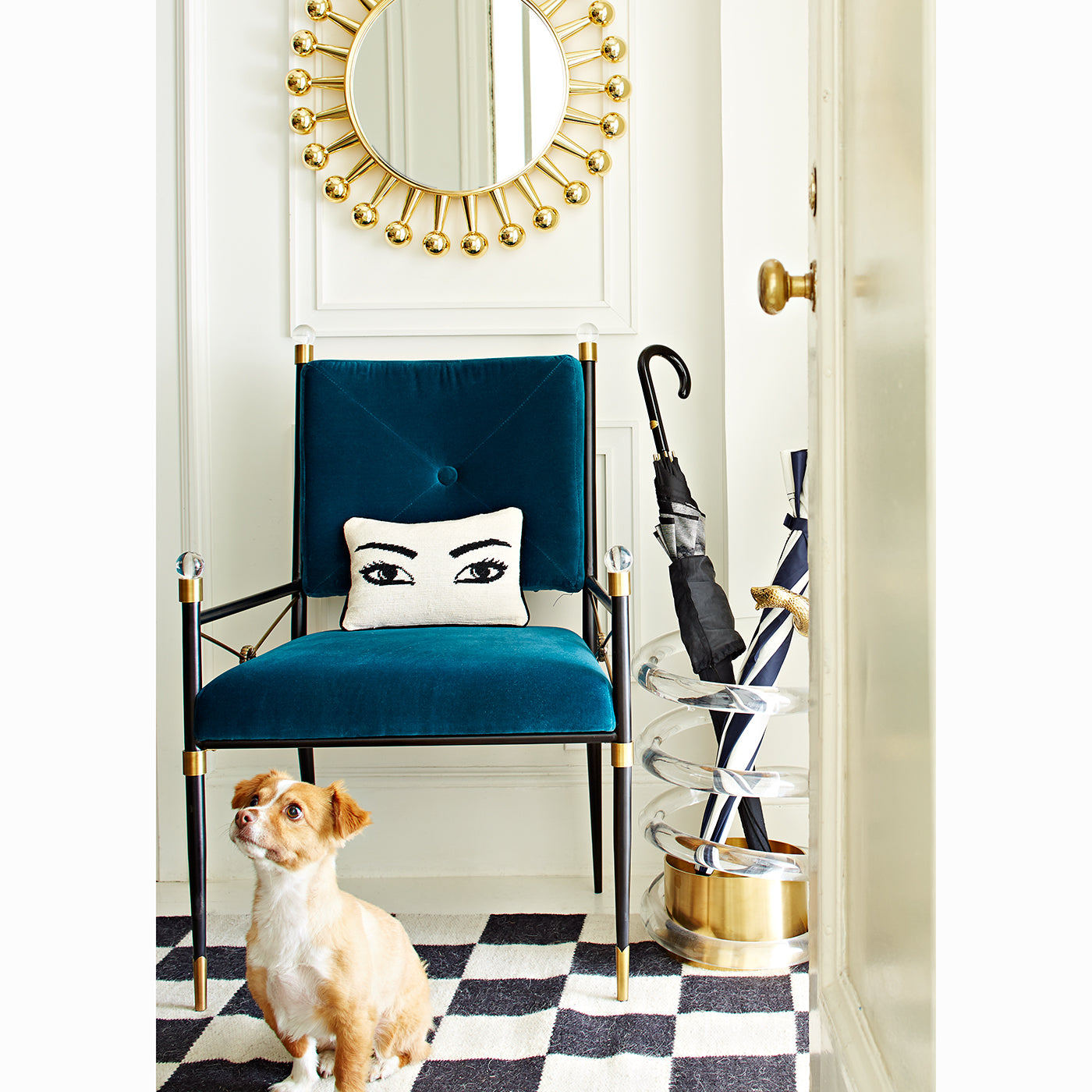 rider arm chair eyes needlepoint pillow - styled view