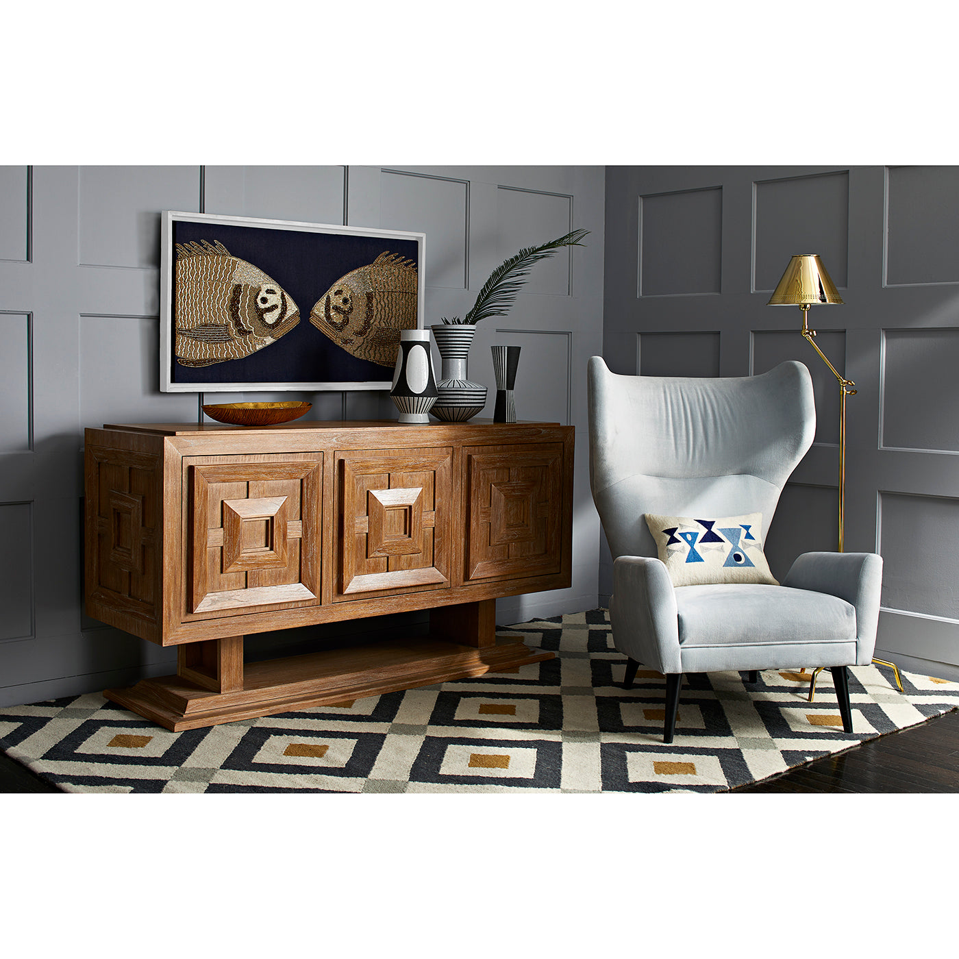 crawford reversible peruvian flat weave rug camel navy - styled view 2