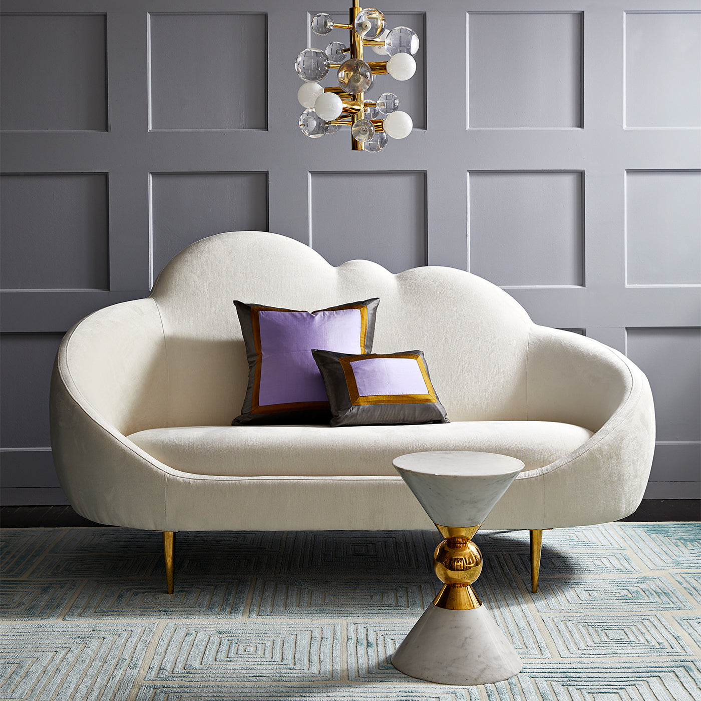 globo five-light chandelier clear ether cloud settee - styled view
