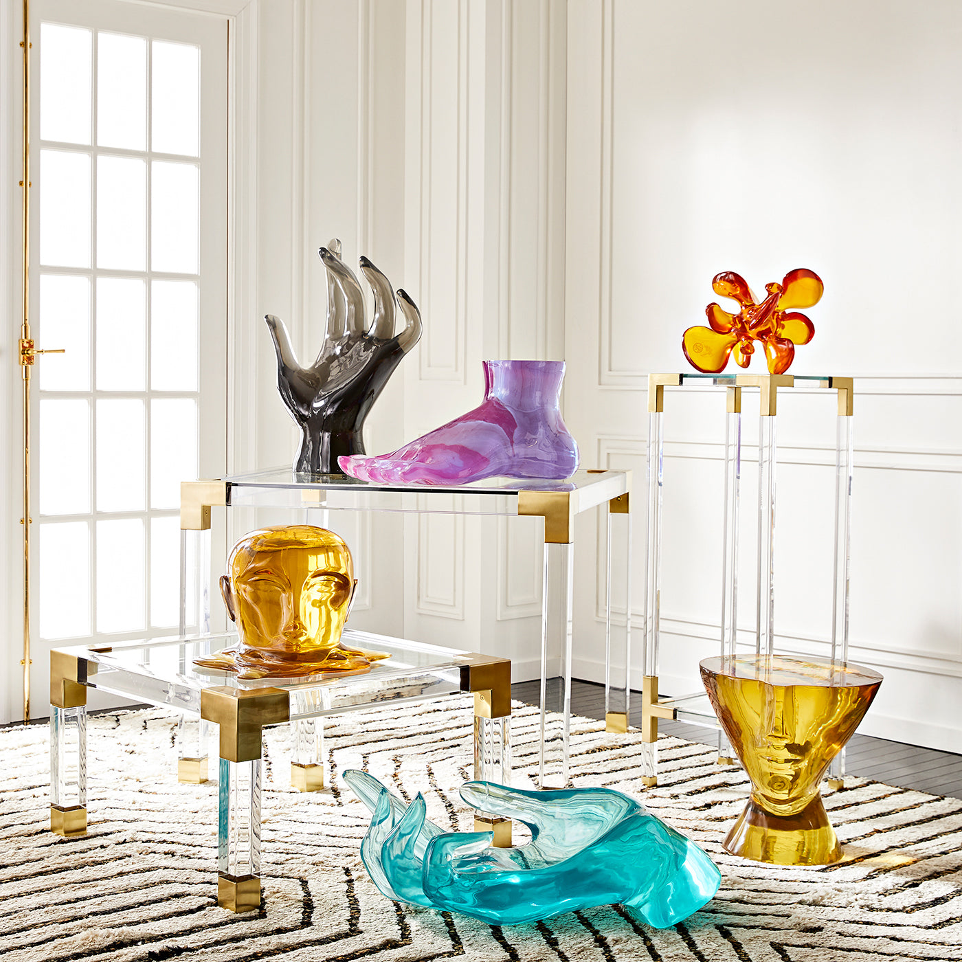 Jacques Pedestal in Acrylic and Brass | Jonathan Adler