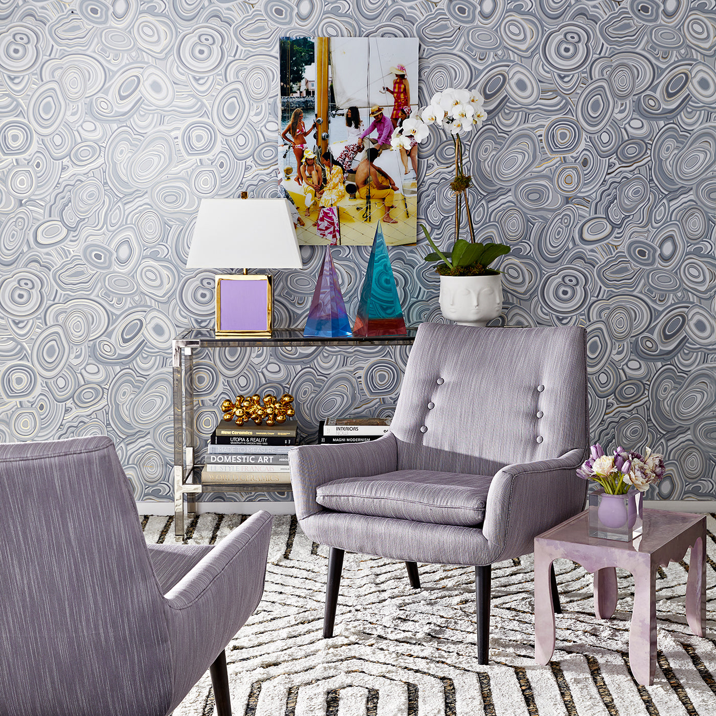 dora maar bowl with orchids mrs. godrey chairs - styled view