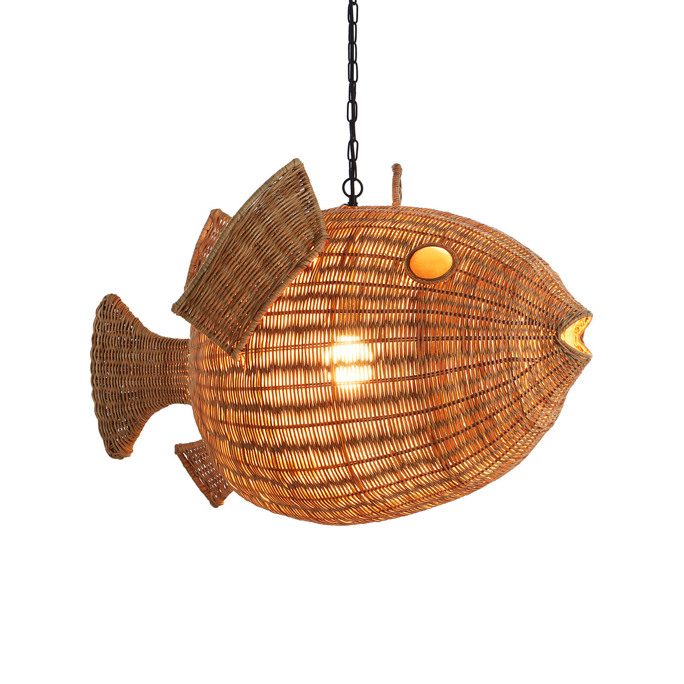 Wicker Blow Fish Pendant Medium - light on details view