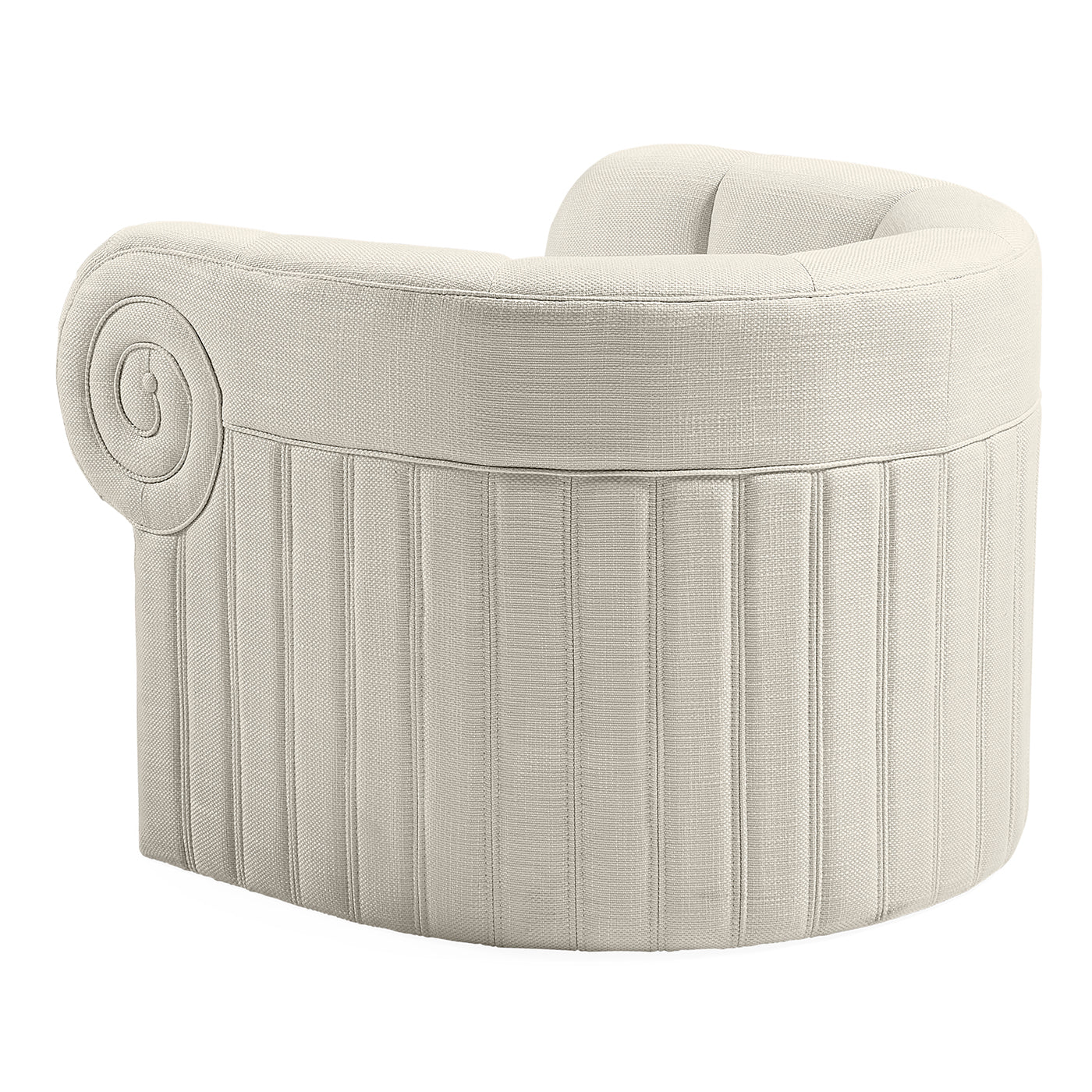 Round ottoman with decorative scroll detail on a white background