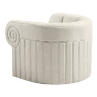 Round ottoman with decorative scroll detail on a white background