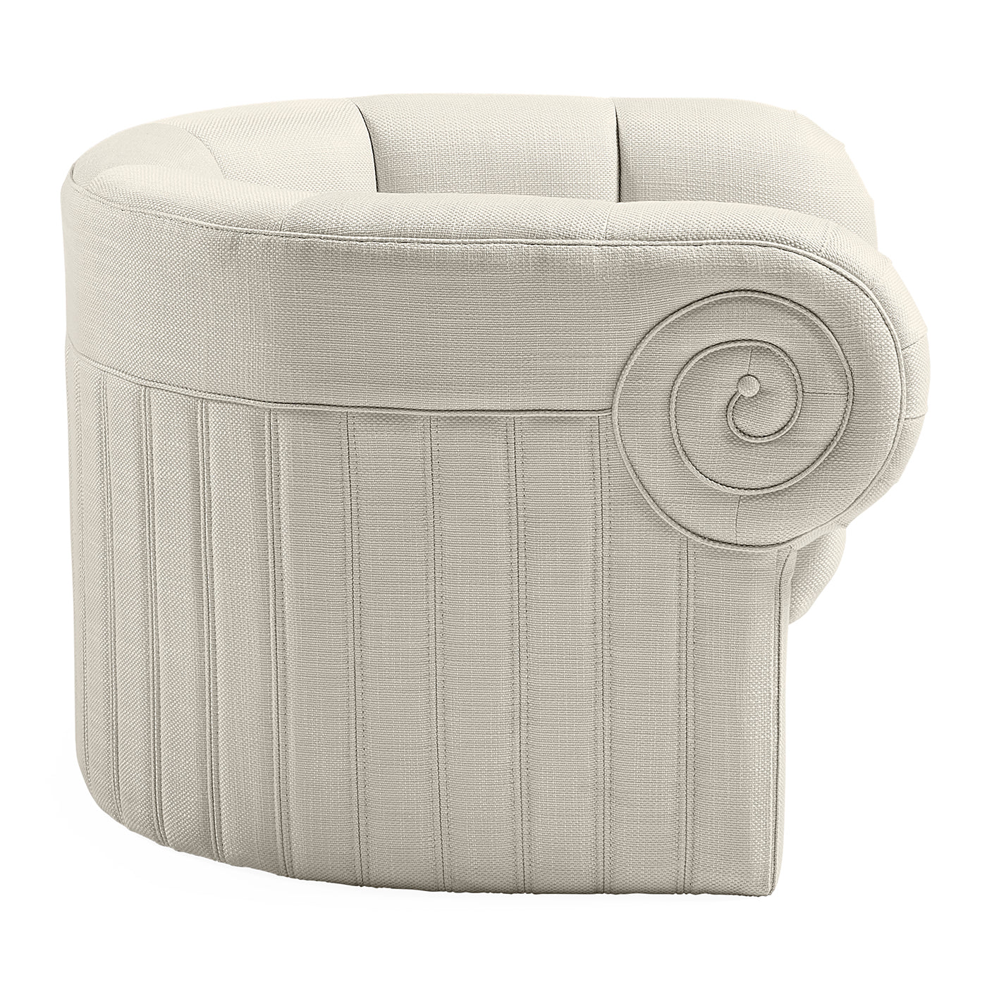 Gray upholstered chair with decorative armrest on a white background