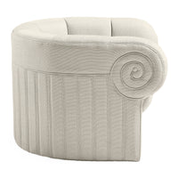 Gray upholstered chair with decorative armrest on a white background