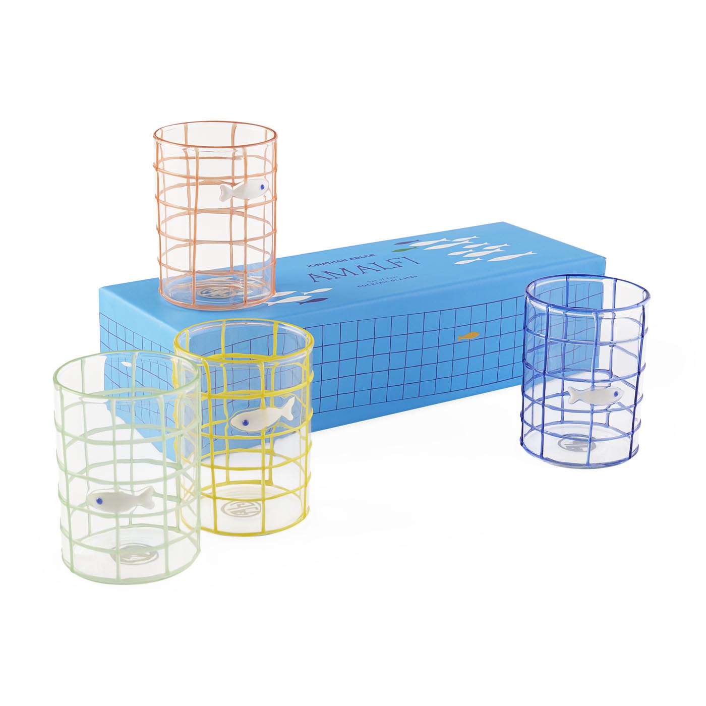 Set of four glass tumblers with fish designs and metal cages on a white background