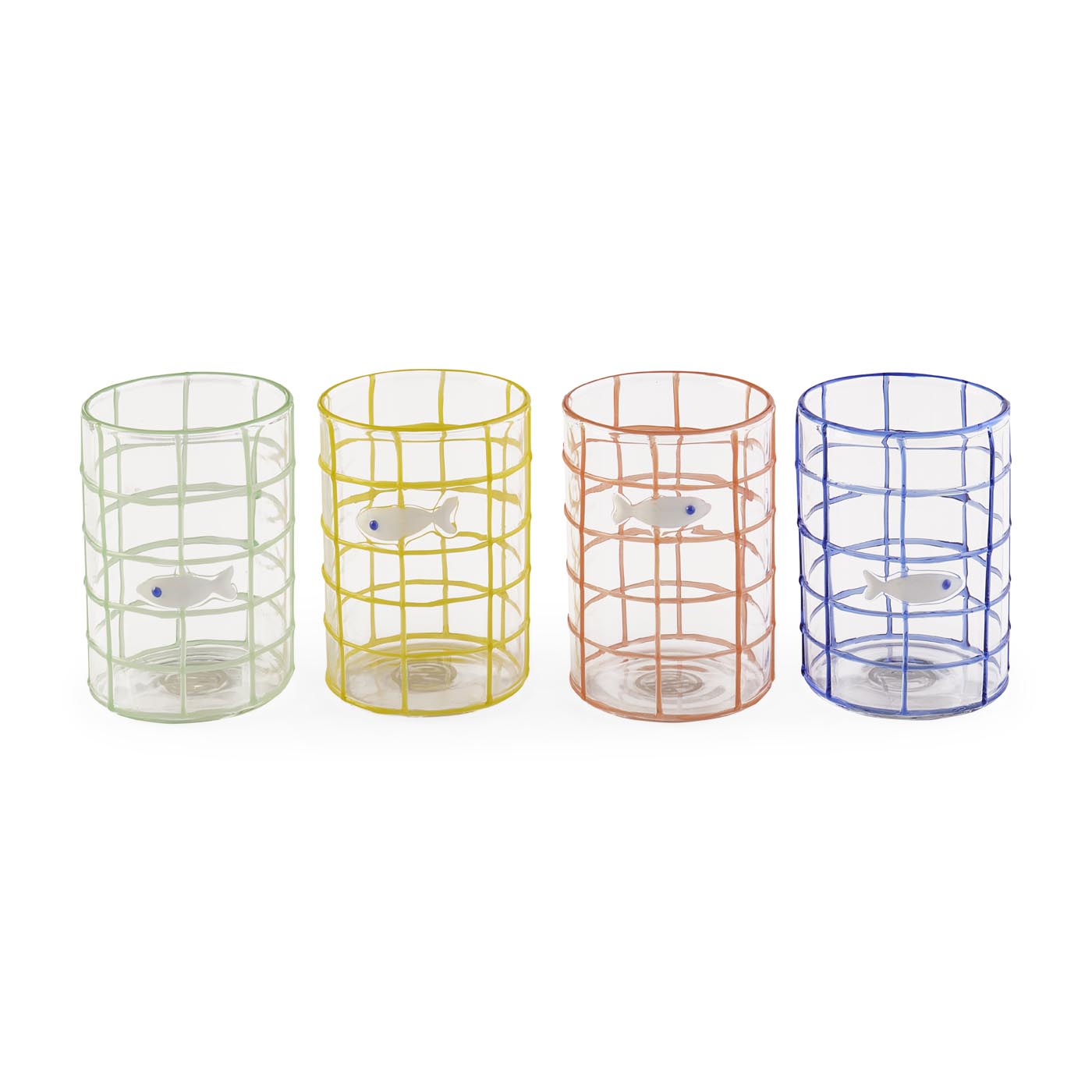 Four cylindrical glass holders with wire mesh designs on a white background