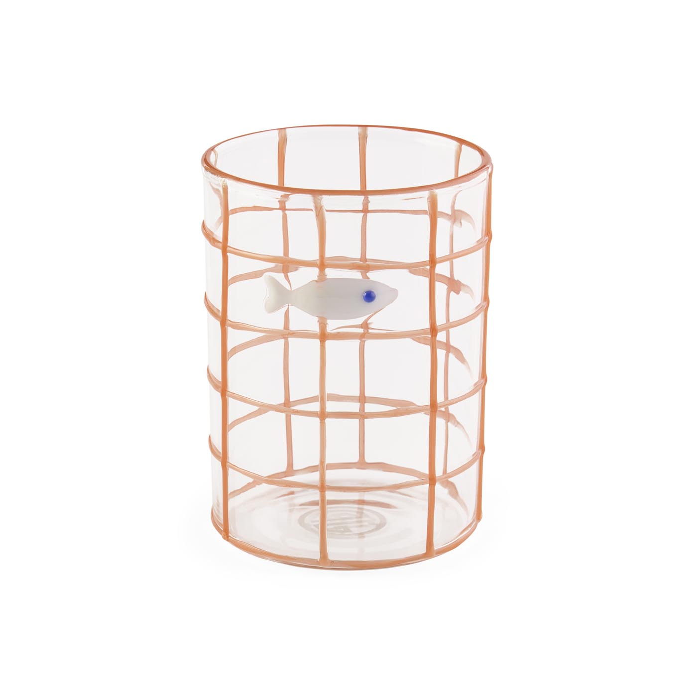 Clear glass vase with copper wire cage on a white background