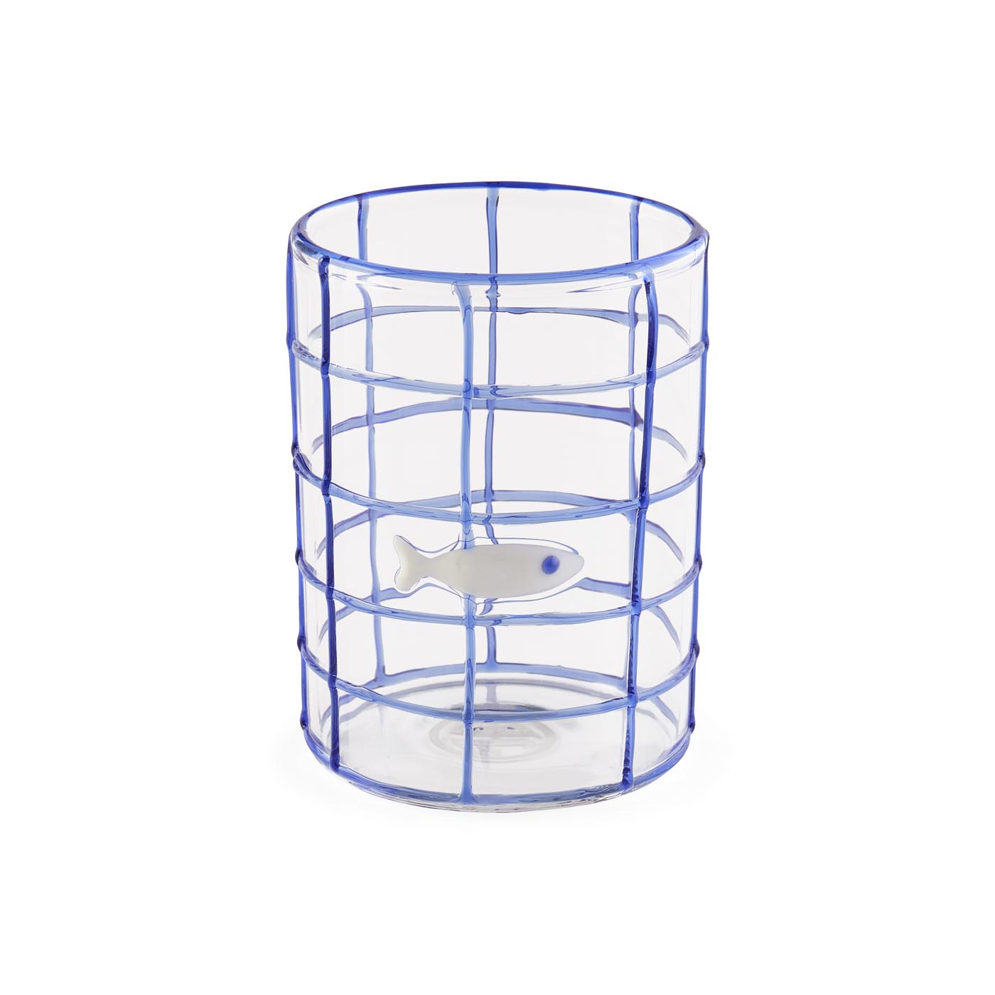 Clear glass vase with blue grid pattern and white fish charm on a white background