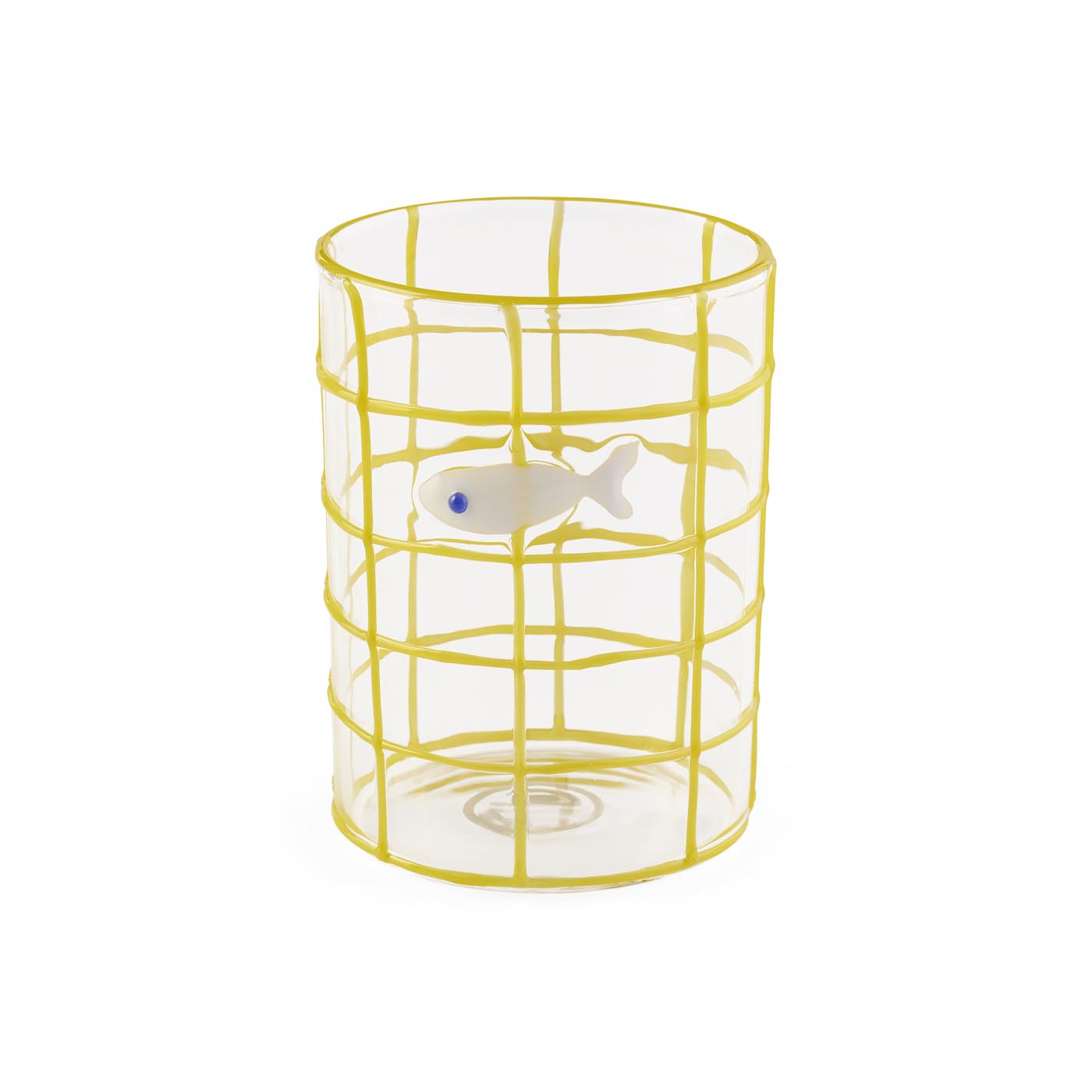 Clear cylindrical container with yellow grid design and a small fish figure on a white background