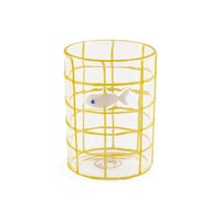 Clear cylindrical container with yellow grid design and a small fish figure on a white background